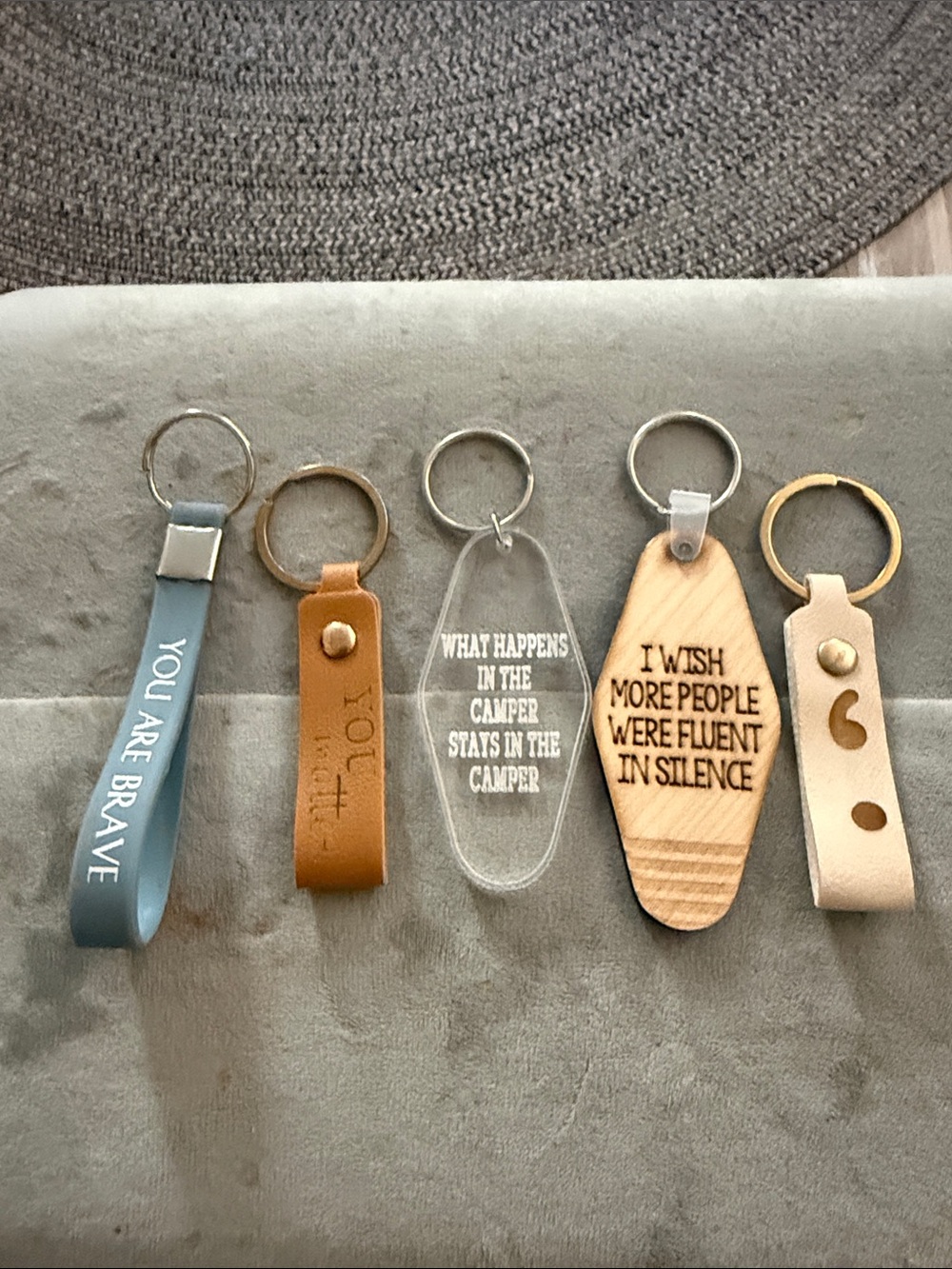 New Leather and Wood Keychain Set - Blue, Tan, Clear, Natural, Cream